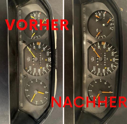 Tacho-Reparatur Vorher/Nachher: Zeiger neu in Original-Orange eingefärbt